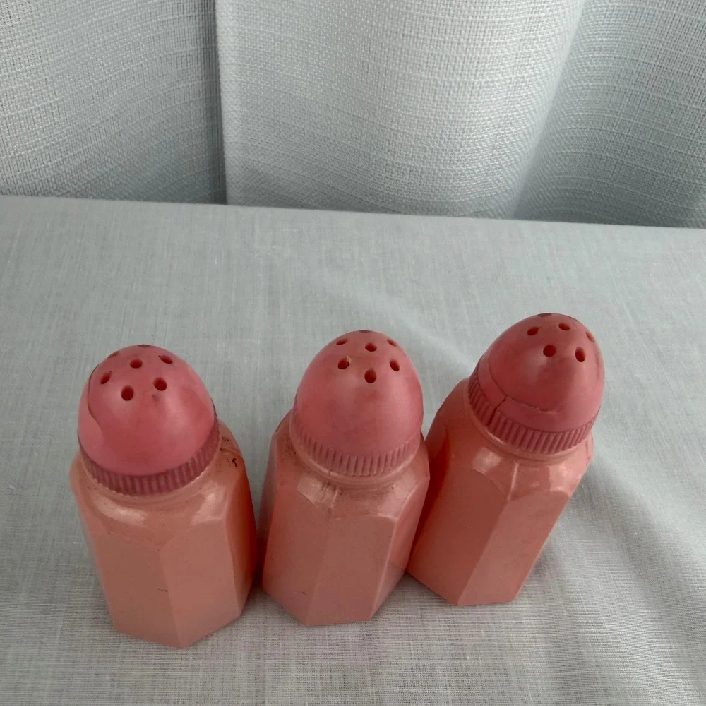 Vintage Pink Plastic Salt and Pepper Shakers Set of 3 Octagonal Retro Kitchen